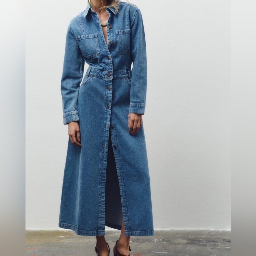 Zara Z1975 Women's Long Denim Dress 100% Cotton Mid-blue Nwt !! - Picture 3 of 15